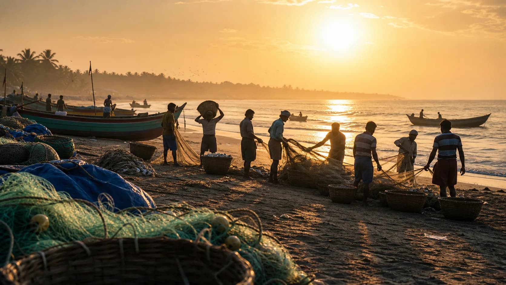 Traditional coastal fishing at sunset