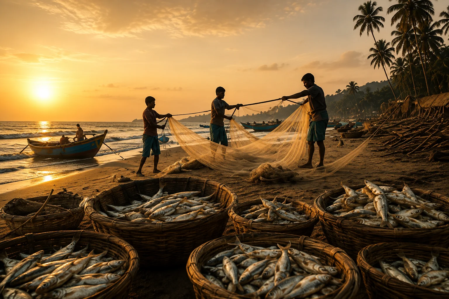 Traditional coastal fishing at sunset